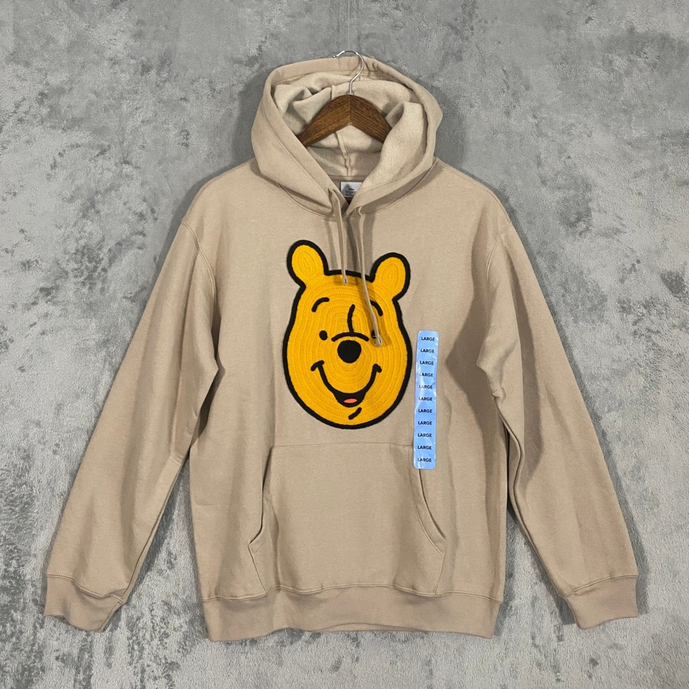 Disney Hoodie Sz L Sand Winnie the Pooh Pullover Chenille Patch Cozy Soft NWT
